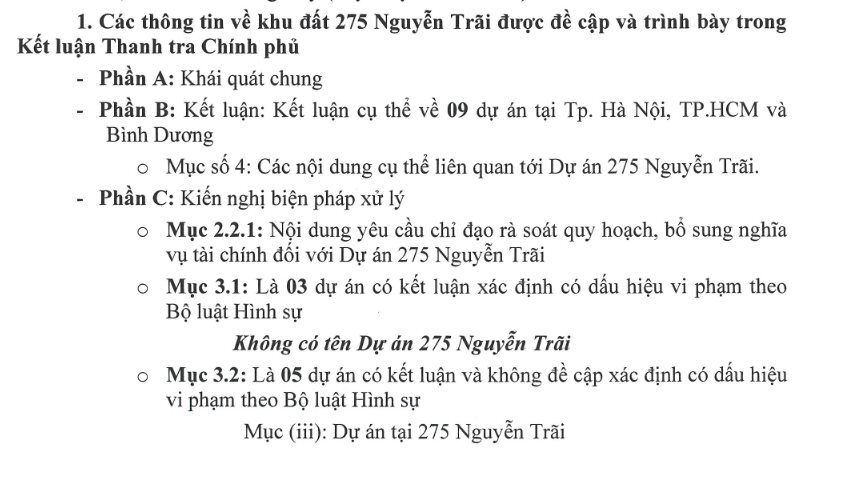 



Hoàng Huy cho biết dự án 275 Nguyễn Trãi không thuộc danh mục 3 dự án bị TTCP yêu cầu chuyển hồ sơ, tài liệu sang cơ quan công an để xử lý

